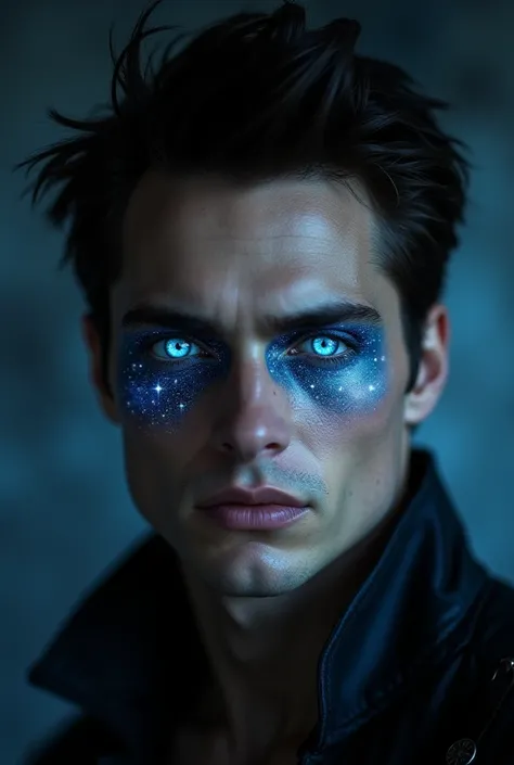 Man with bright blue eyes ,  reflecting the observable universe in their eyes,  black hair spiked about shoulder height , HD, realistic,  damon Salvatore and Dean Winchester 