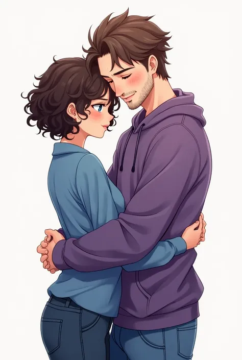 Create two anime boyfriends .  She has curly short curly hair very curly and he has straight brown hair with a little short crest.  She wears a blue shirt ,  he a purple sweatshirt and a blue cargo jeans .  The two hug each other Strong . He also has a bit...