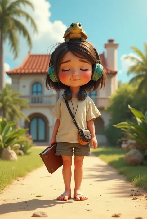 Create a Pixar-style character of a young girl with eyes closed with a line,  tender expression , headphones on the neck, Capybara ears, Simple clothes,  barefoot,  with a book in her hand and a wallet in the other,  with a small turtle on her head .  A mi...