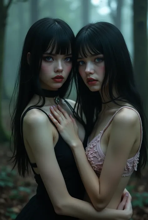 In a realistic fantasy style, in a dark forest, create a woman with perfect features.,  with intense and cruel purple eyes outlined in black ,  fair skin ,  long straight black hair with fringe ,  black silk dress and choker .  She looks cruel like a beaut...