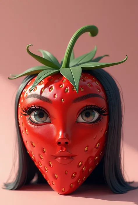 make the image of a strawberry with feminine eyes, lips, and feminine mannerisms, and put straight black hair