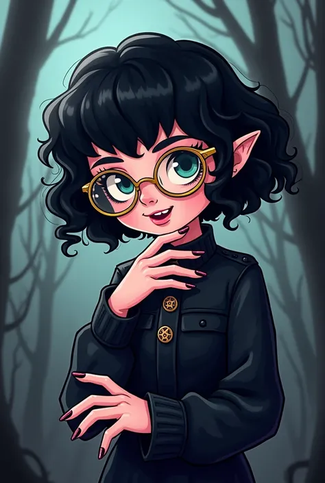 Goth character cartoon with very short black and curly hair , golden glasses with a clear lens and with big and beautiful nails 