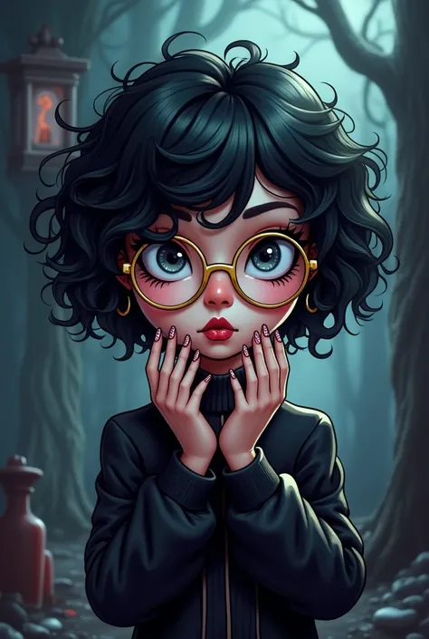 Goth character cartoon with very short black and curly hair , golden glasses with a clear lens and with big and beautiful nails 