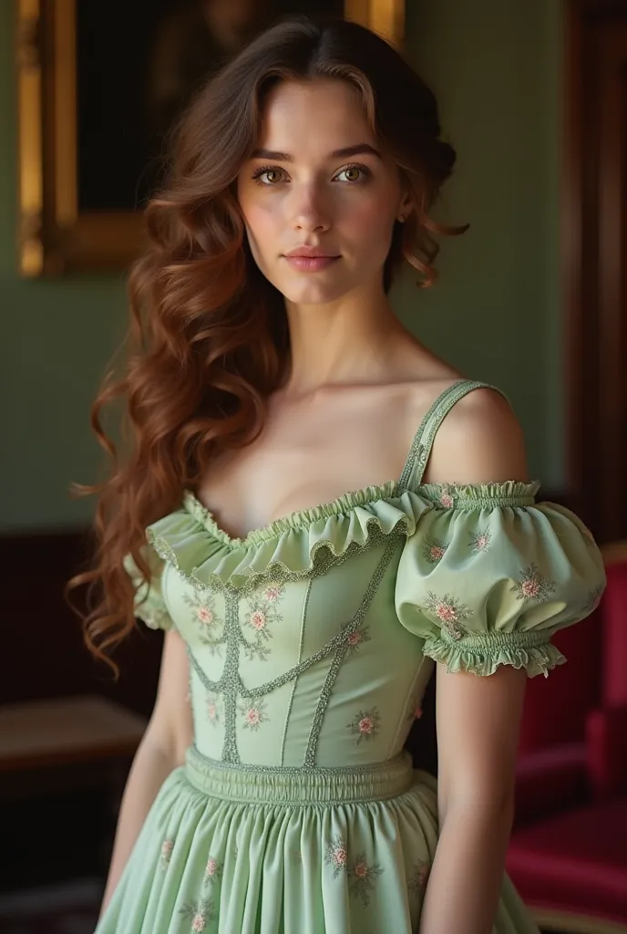  historical romance genre, very beautiful young woman 18 years old,with chestnut wavy hair,dark brown eyes,that looks like young Cristiana Capotondi, wearing a beautiful 19 century light-green flower pattern dress, she’s standing in the living room of rege...