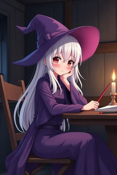  Anime-style character , a white-haired witch ,  a purple wizard hat ,  purple and black wizard costume,  red eyes , sitting, With a sad expression , holding her wand ,  in her environment is in a cabin ,  without light,  just a candlestick on a table  