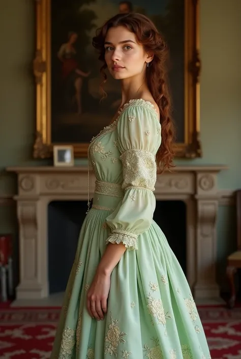  historical romance genre, very beautiful young woman 18 years old,with chestnut wavy hair,dark brown eyes,that looks like young Cristiana Capotondi, wearing a beautiful 19 century light-green flower pattern dress, she’s standing in the living room of rege...