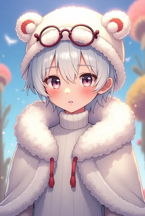 Make a male cute anime character with white hair, wearing a hat with glasses on it, and a furry white cape around his neck, with a white turtleneck.