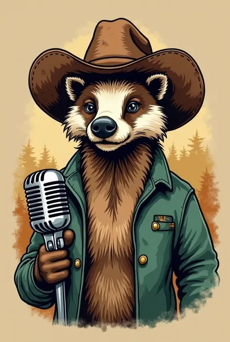 A rustic, hand-drawn logo featuring a badger or carcajú, a type of South American hog, wearing a social long-arm shirt cowboy hat and holding a vintage-style microphone in its paw, set against a warm, earthy background that evokes a sense of the great outd...