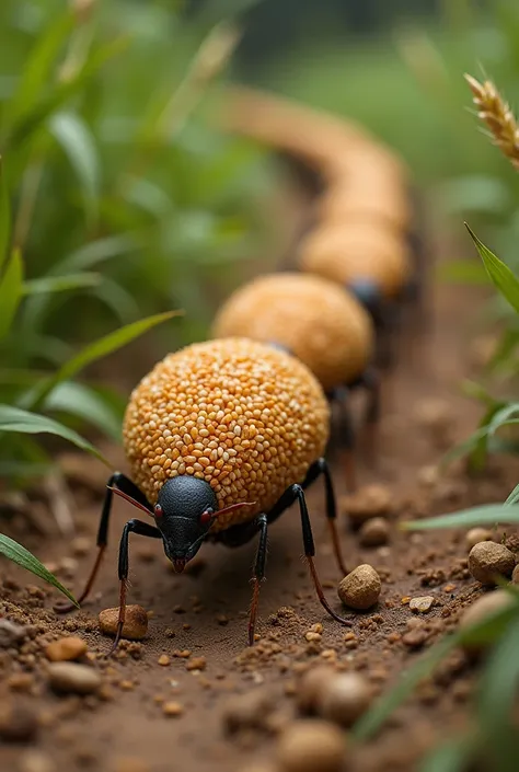 Ants Carrying food like wheat grain going in line 