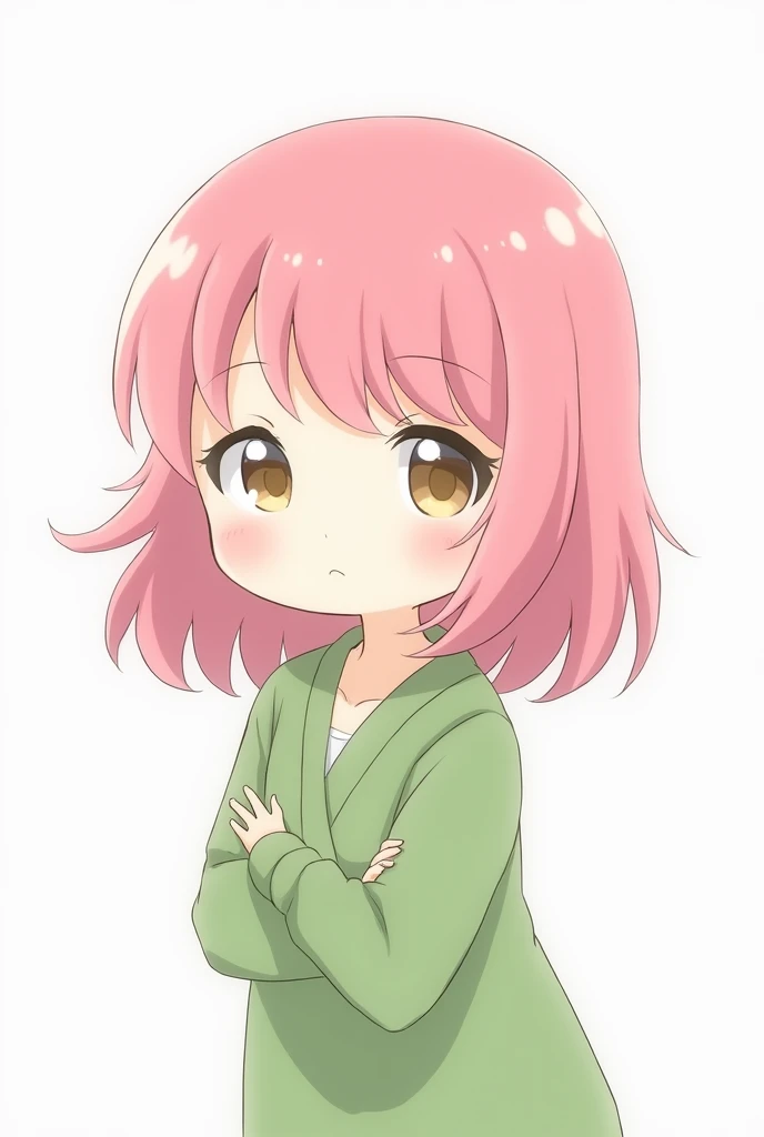  ,  very cute, pink and short shoulder-length hair, half sided face , wearing green clothes. kawaii drawing, all white background,  chibi