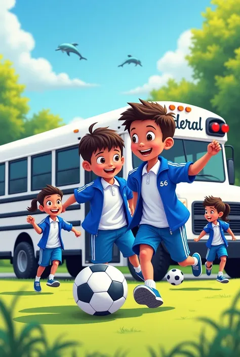 Cartoon of a school playground showing in the background a white .  school bus with painted dolphins and a written sign of federal 56 , students wearing royal blue pants and jacket with white stripes on the sides and white polo shirt playing soccer 