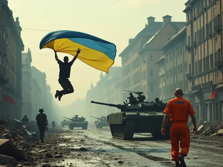 Au second plan : la Place Rouge, qui est ravagée par les combats d'artillerie. Au premier plan, à gauche : un soldat Ukrainien descend d'un char d'assaut, en brandissant fièrement un énorme drapeau de l'Ukraine. Au premier plan, à droite : Vladimir Poutine...