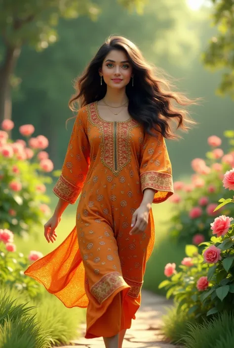 Creat a 3D image of young woman,her  green eyes are big and long hair. She wearing Pakistani dress . Happily walking in garden around the flowers 