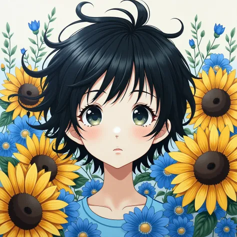  Composition of fictional characters  , Wore young blue flowers , Surrounded by sunflowers, main character,  open your eyes,  His Hair Was Blown By The Wind,  and the sun heals, Closeup black and white painting ,  is cute ,  dreamy ,   oil painting style  ...