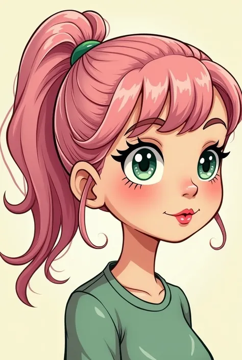  I want it to generate an image of a girl without a face drawn in a cartoon and with color only in her hair that is baby pink ,  her eyes that are green and her lips are slightly pink ,  I want in a square photo and the pose of the girl will be thinking of...