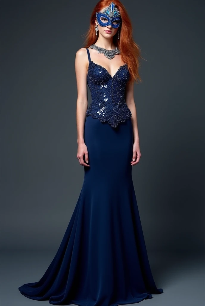  Create a character who is going to an elegant masquerade ball according to this description :  Ginny was wearing a dress in the color midnight blue Of little brilliants that looked like stars in a clear sky .  It had wide straps and the dress closed at th...