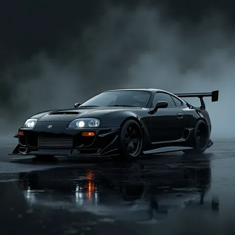 make a 1990 black supra mk4 with a side view of the back slightly diagonally with reflections on the asphalt with a dark foggy background in sports kits