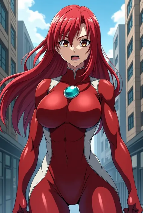 My Hero Academia Style , Anime girl, female, young female,muscular female,Full Body Shot,(fighting Pose:1.3),Long hair, Red Hair,  Brown Eyes,Hero Suit, Full Body Suit, red suit with white details,small round blue jewel in the center of the chest, perfect ...