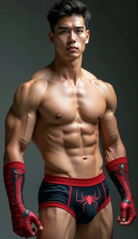 Handsome and sexy Korean ageer, , young, boy, shirtless, Spidermam underwear open on one side and showing his sixpack abs, muscular, sixpack, young, front view, Korean idol, biceps and triceps, Spiderman gloves, photo realistic, realistic, 8k, UHD, sexy, h...