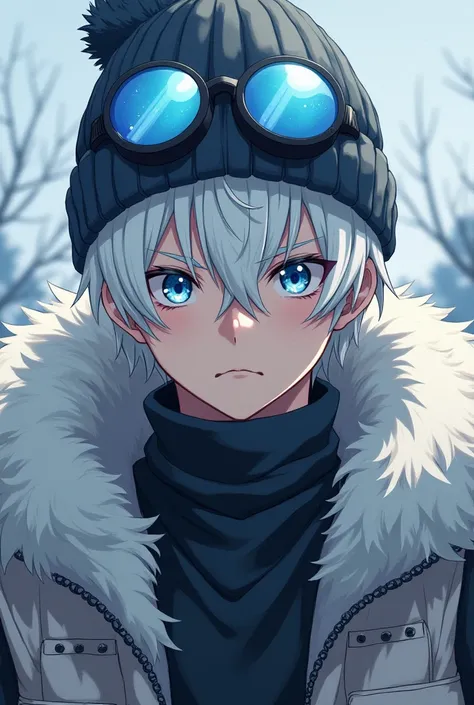 Create a fierce male anime character with blue eyes, white hair, wearing a beanie with snow sky glasses, and a white furry vest around his neck, with a white turtleneck.