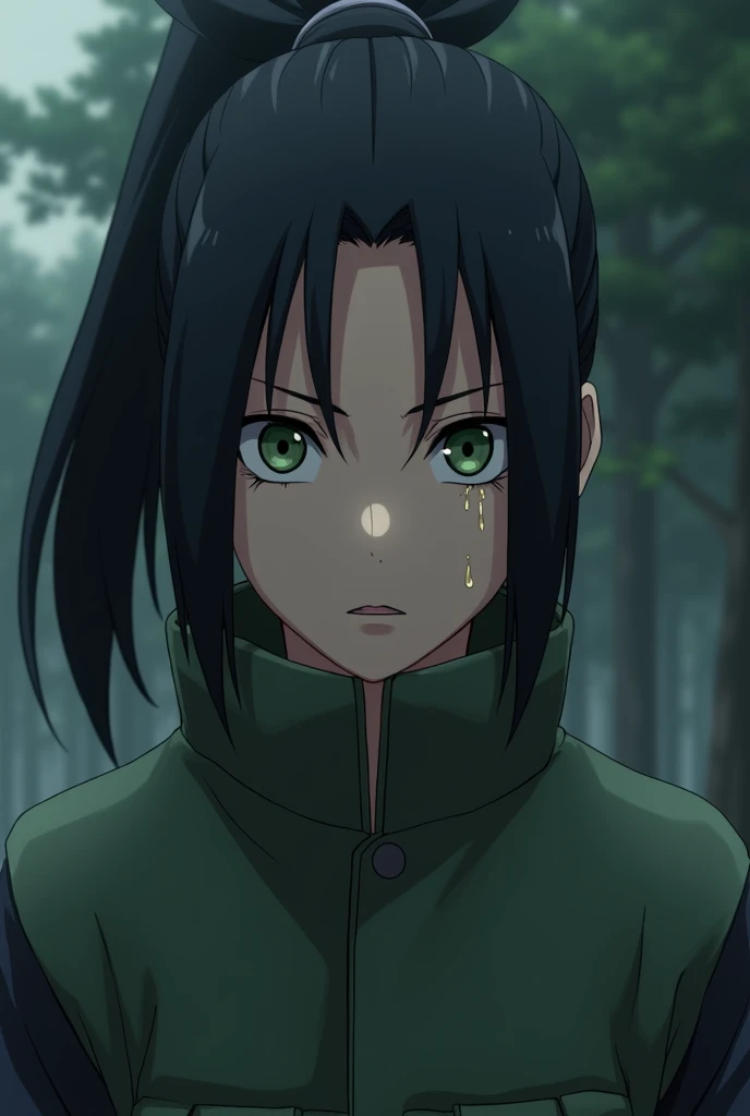 nara clan, konoha ninja head band, black ponytail hair, green eyes,male , sad looking and crying , konoha jounin ninja suit, 4k, 25 years