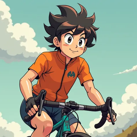 Petit San goku  en mode super sayen ,sa tenue de cyclisme une inscriptions max en train de faire du vélos de course , il y a une inscription nsm sur le vélo 
Il fais un contre la montre en mode super rapide en mode anime 