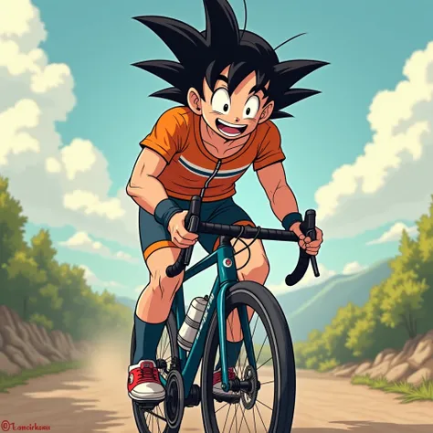 Petit San goku  en mode super sayen ,sa tenue de cyclisme une inscriptions max en train de faire du vélos de course , il y a une inscription nsm sur le vélo 
Il fais un contre la montre en mode super rapide en mode anime 