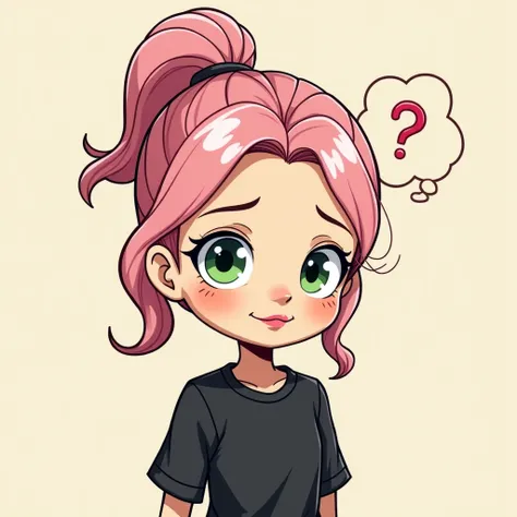  I want it to generate an image of a girl without a face drawn in a cartoon and with color only in her hair that is baby pink ,  her eyes that are green and her lips are slightly pink ,  I want in a square photo and the pose of the girl will be thinking of...