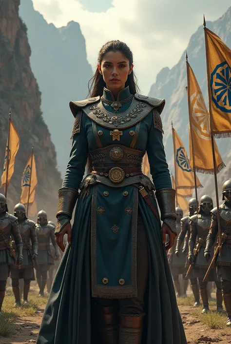  create an image for me , Of a female federal general and in the background she places the warriors with the signs written ARMY OF LAGUNA 