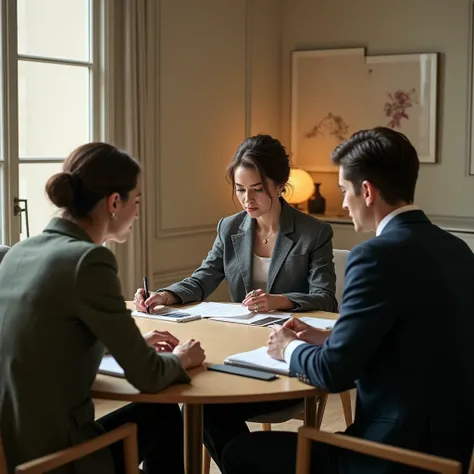 Queen Arabella, sitting at the head of the round table, radiated an air of quiet authority. The room was bathed in the soft glow of morning sunlight streaming through the large windows, casting a warm, golden hue on the minimalist decor. The table was neat...