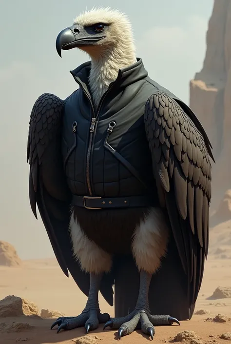 A vulture in a black vest