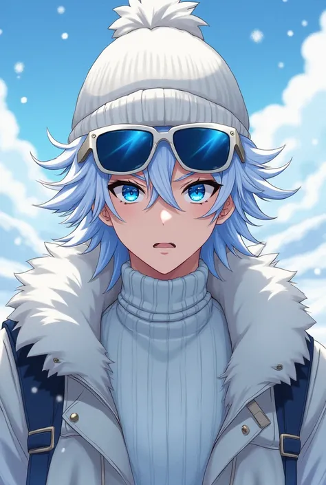 Create a fierce male anime character with blue eyes, white hair, wearing a white beanie with snow sky glasses, and a white furry vest around his neck, with a white turtleneck.