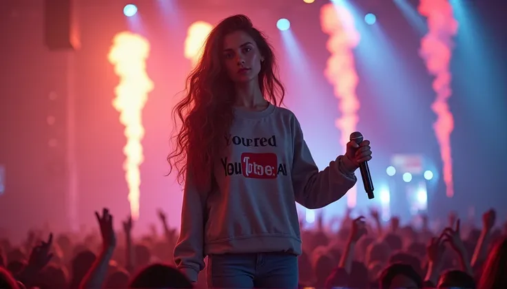 A hyper-realistic full-body portrait of a young woman with long, wavy brown hair. She is wearing a sweatshirt with the text 'YouTube AI KI' on it, standing on a concert stage. The background features a lively concert atmosphere with bright stage lights, a ...