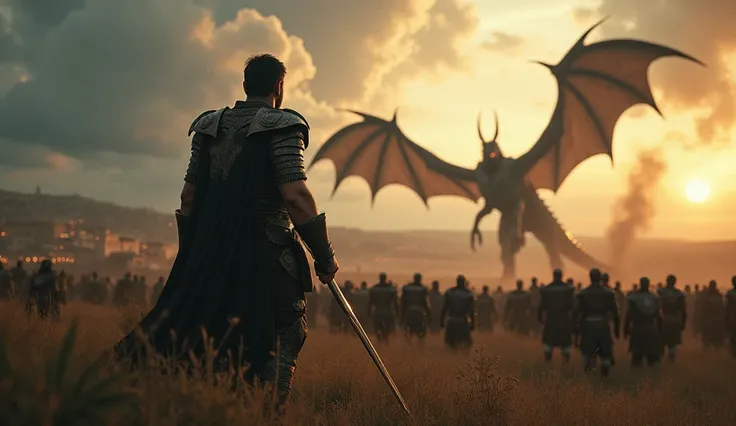 Image: Beowulf with his full team, watching a dragon on the horizon as it approaches the city. The atmosphere is tense and epic.
Descripción de la Image: Beowulf is in the field, with shining armor and sword in hand, looking at the dragon on the horizon. T...