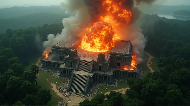 Aerial view of a destroyed ancient Amazon temple, engulfed in chaos. The once majestic temple was now in ruins with stone fragments and debris strewn everywhere. The explosion that erupted from the center of the temple created a huge cloud of smoke and fir...