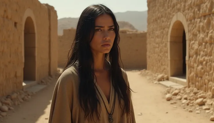 "An ancient Israelite woman, 35 years old, from the time before Christ, with long black hair and brown eyes. She wears simple, earthy-colored clothing typical of the era, along with sandals. The background is a desolate, ancient city in Samaria, surrounded...