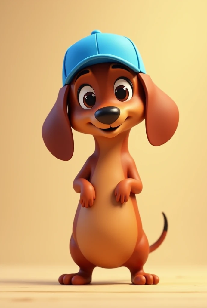 Cuddly animated dachshund with blue cap facing backwards standing on two legs