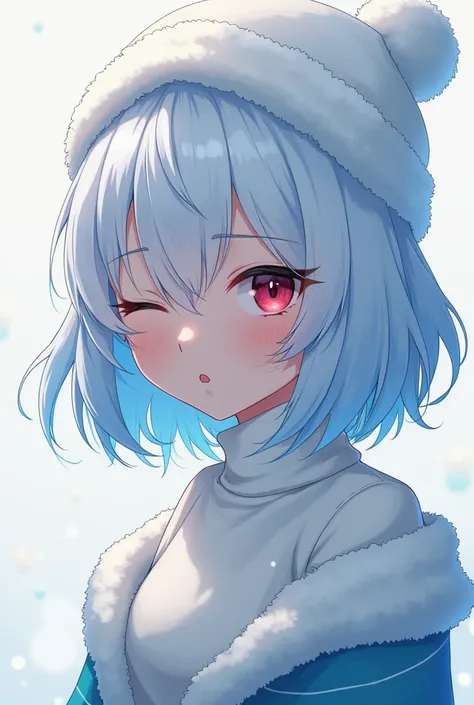 Make an Fierce anime girl character, with white hair with a light blue gradient, wearing a snow hat, and a white turtleneck, her face is  and winks on one side.