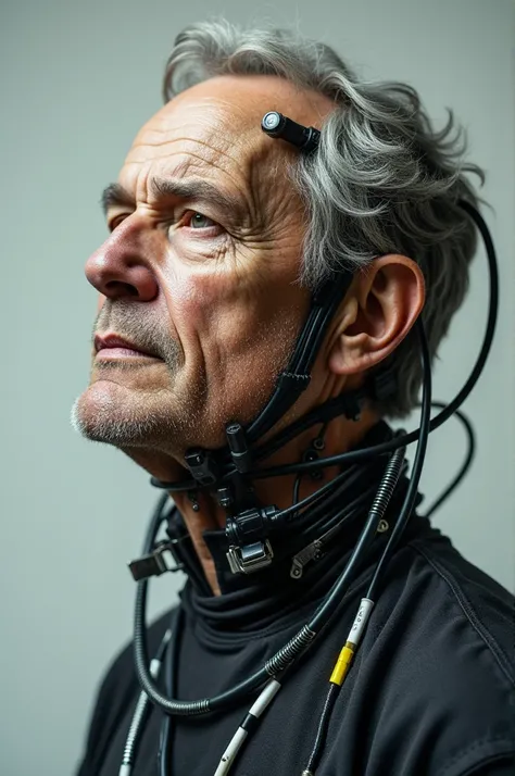 Photo of real man with many wires on his face and neck connected to technology