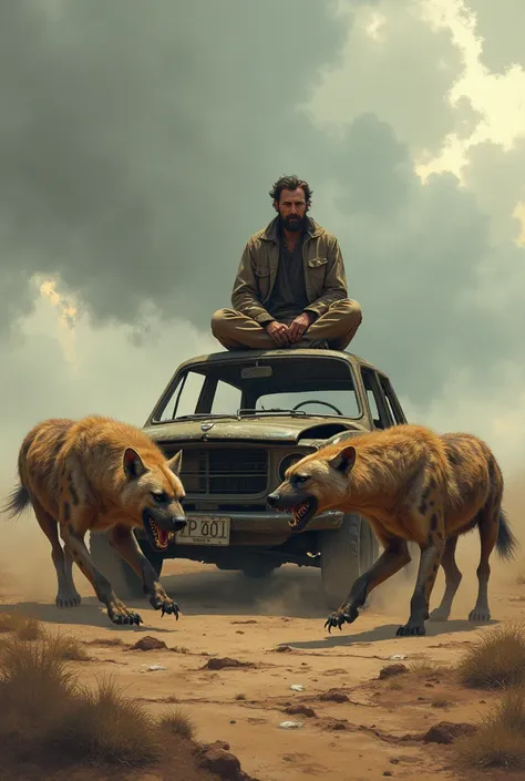 Man sitting on car surrounded by hyenas