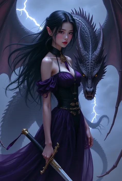 realism of a beautiful young Korean woman with long black hair in a tie.in a black purple dress holding a sword and a dragon on a stormy night with lightning behind her, Anne Stokes, fantasy art, dragon art, the dragon and the person must be clearly visibl...