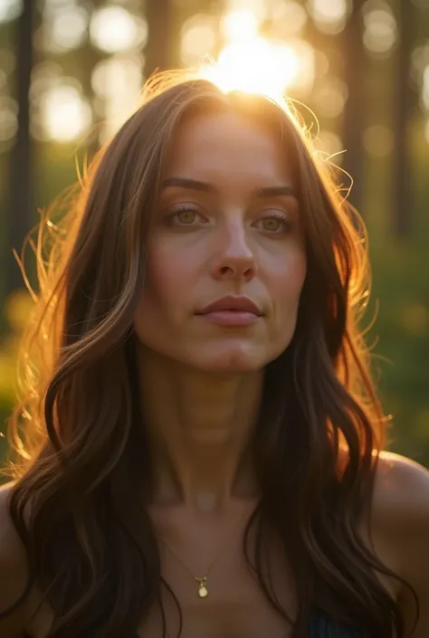 A cinematic close-up of a woman in her 30s with long brown hair and green eyes, meditating in a forest clearing at sunrise. Her serene face is illuminated by dappled sunlight filtering through the trees. In the background, soft sounds of nature, like birds...