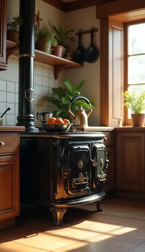 Create a cute black stove in a house 