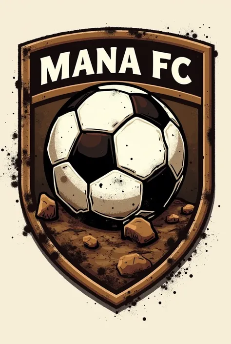 Make me a soccer team shield with some dirt and a torn soccer ball inside the shield and the main color is brown and without being so realistic the name MANA FC