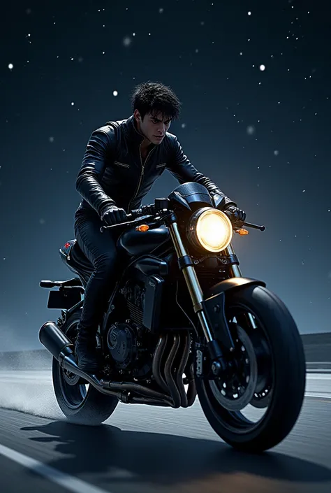 Do Kazutora Hanemyia wearing black biker clothes on a sports bike in a starry sky 