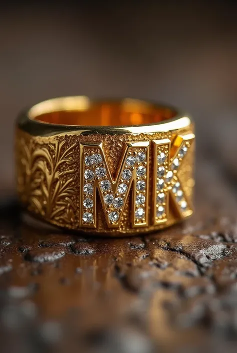  24k gold ring carved on the front with the letter MK impregnated with sharowky crystals. And in the background of the image that says .                     
     Mona & KLAUSZ .      Perfectly written
Type of creation