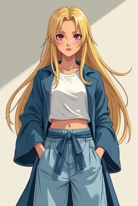  A jujutsu wizard with straight and long blond hair .  His eyes are pink and shine beautifully ,  his face has fine features and a delicate nose .  tanned brown skin . She wears a white cropped t-shirt , , her jeans are light blue and wide, well stripped, ...