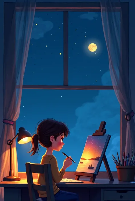 The third page shows Lily at home later that evening, sitting at her desk, with her sketchbook open in front of her. The room is cozy, illuminated by a soft desk lamp and the glow of the moonlight coming through the window. The night sky is visible outside...