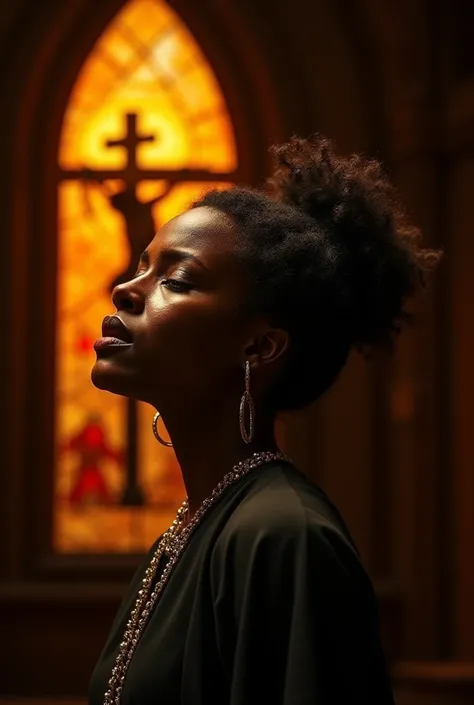  An image of a Black woman on a Baroque-themed theater stage, adorned in the style of the saints from the play Auto da Compadecida. She is in the spotlight, her face expressing anguish and sorrow, portraying the mother of Jesus. In the background, there's ...