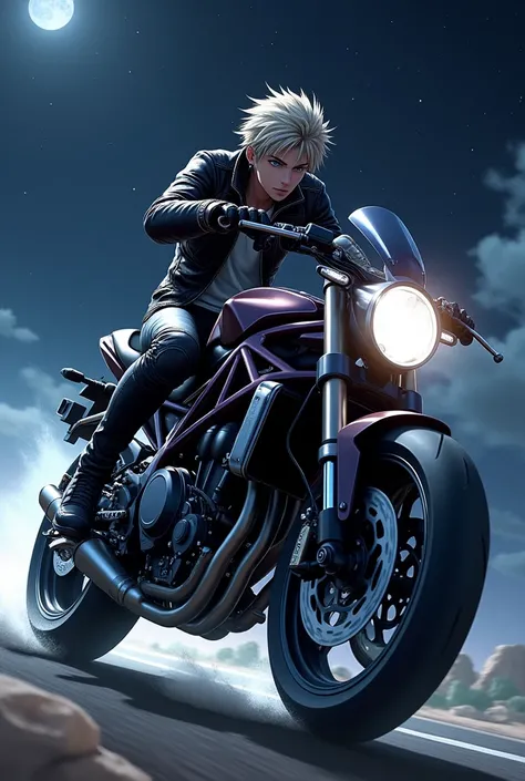 Play Kazutora Hanemyia wearing biker clothes on a sports bike against a starry sky in the background